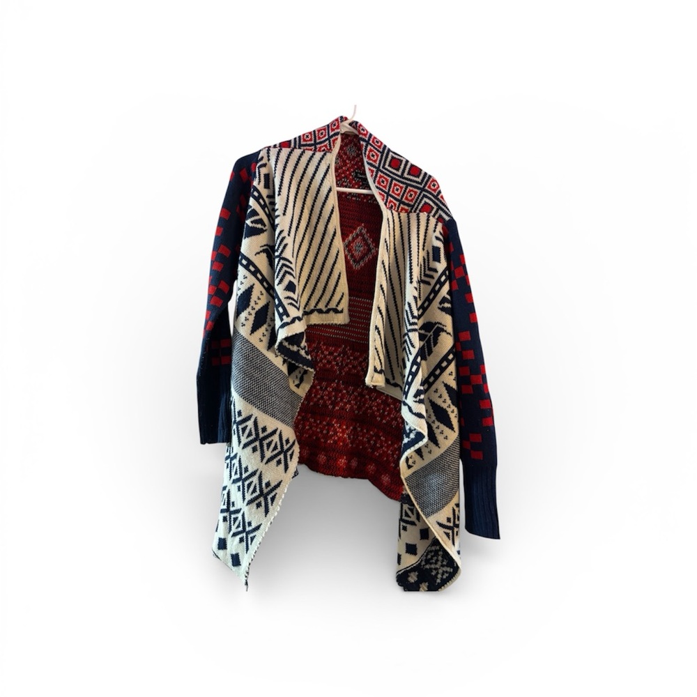 Double Zero Geometric Open Front Sweater - Red and Blue - Picture 2 of 5